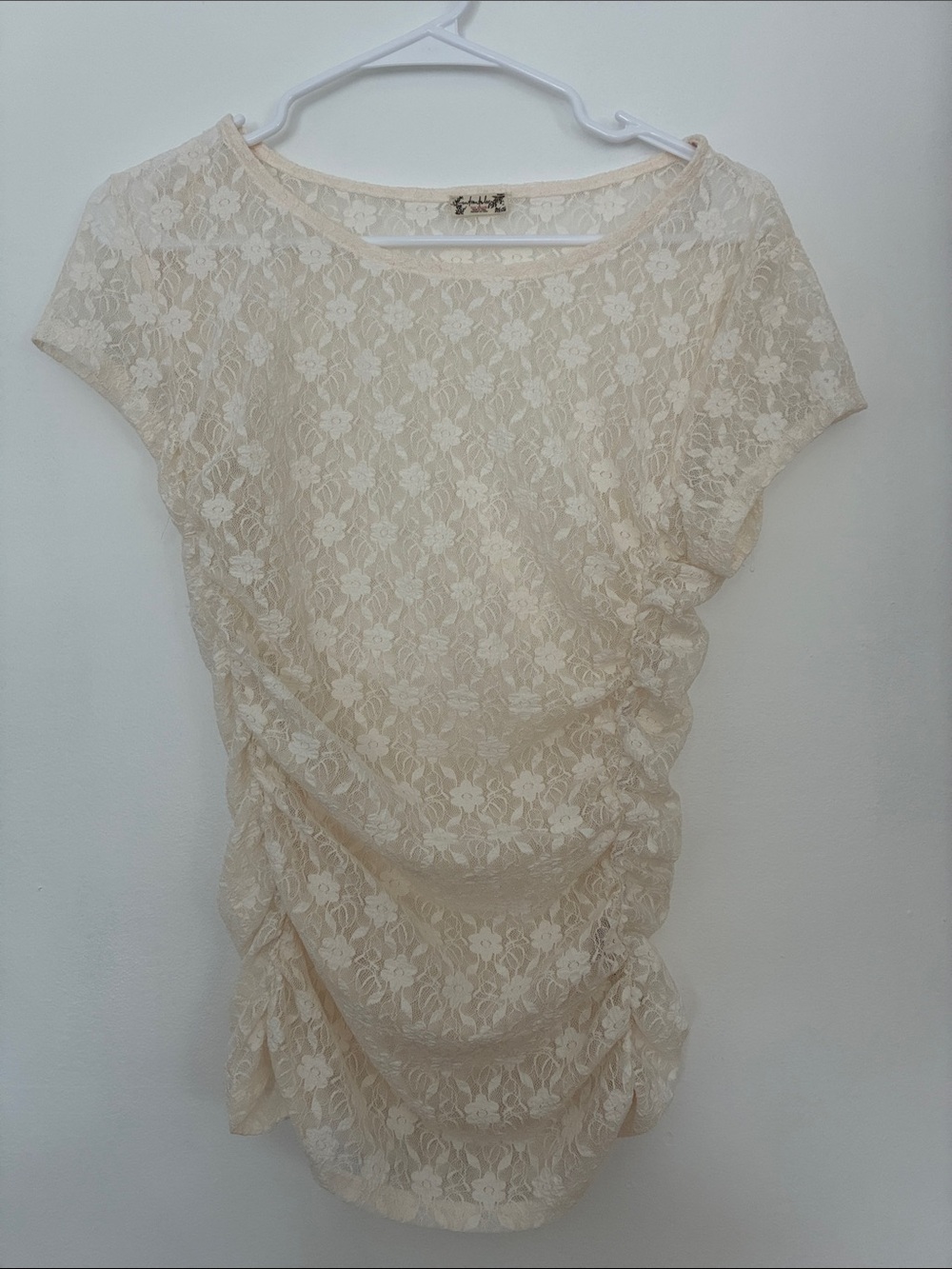 Intimately Free Keep It Simple Lace Tee Top XS Runched Sheer Layering Ivory